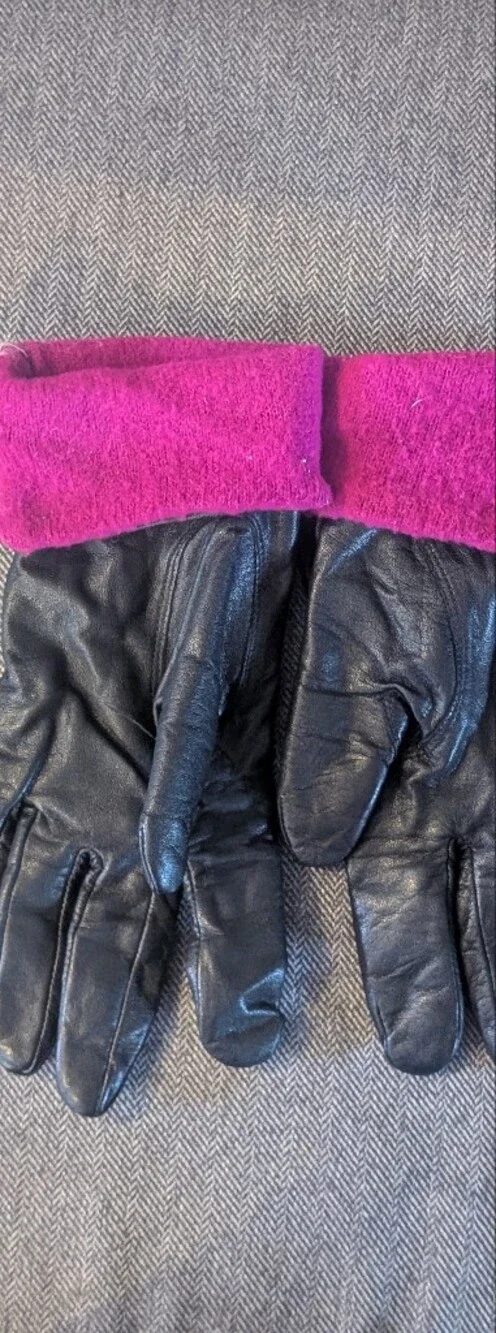 Women's Black Leather Gloves with Pink Cuff - Unbranded